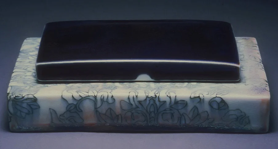 <i>Immigrant Flowers </i>, porcelain, inlay, c/10 red. fired, h. 2 1/2" x w. 8" x d. 5 3/4", 1998