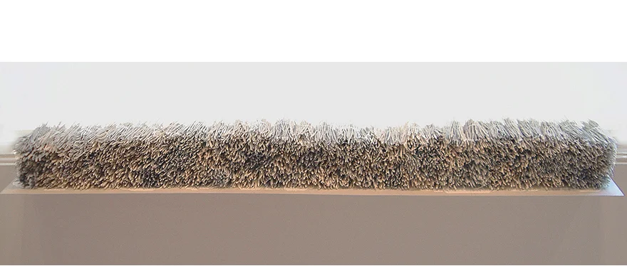 <i>frail hope, internal distance: object III</i>, porcelain, mono filament, metal shelf, c/10 red. and ox. fired, h. 7" x w. 72" x d. 5", 2005