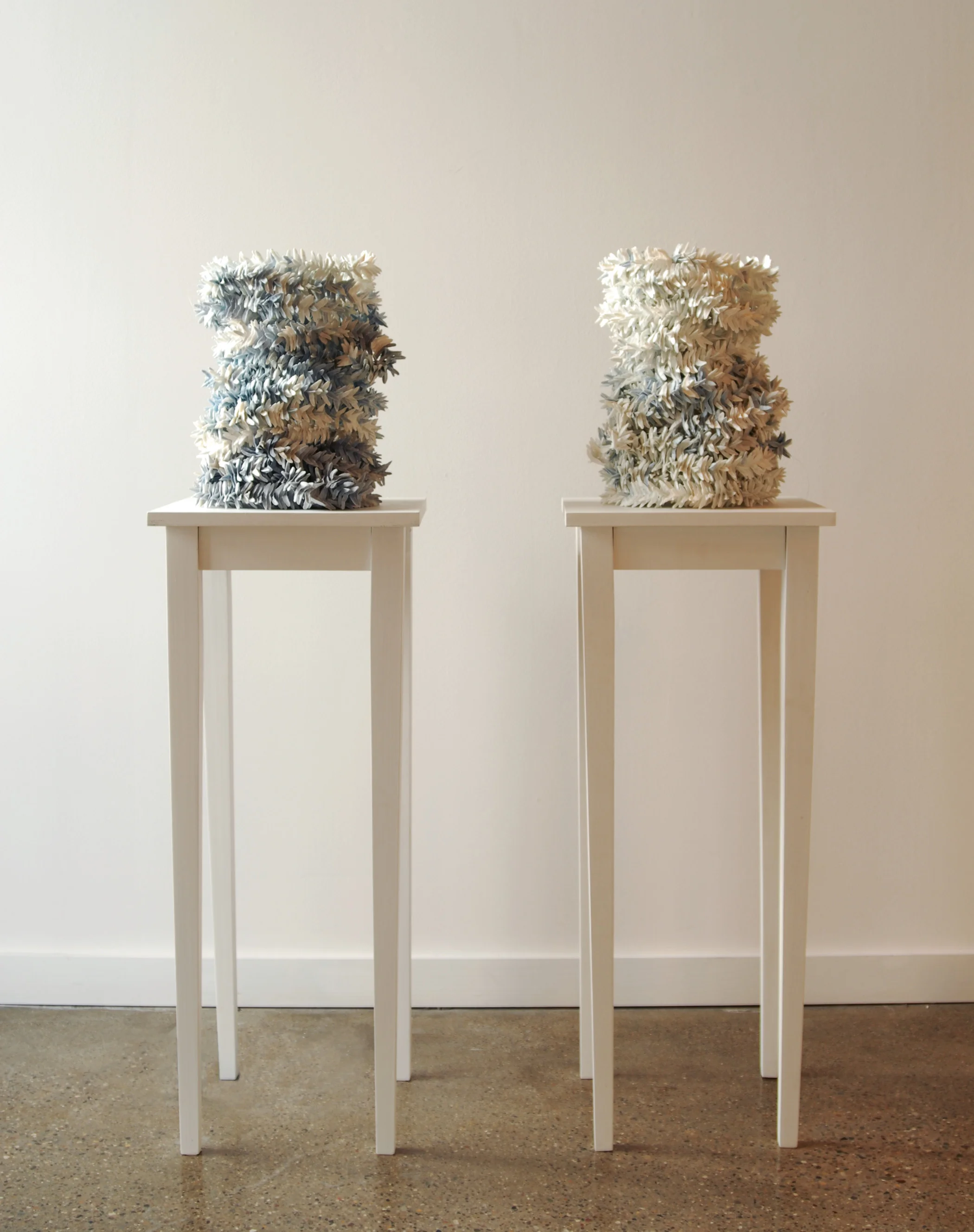 <i>frail hope, internal distance: object I</i>, porcelain, mono filament, wood table, c/10 red. and ox. fired, h. 56" x w. 14" x d. 14, 2002