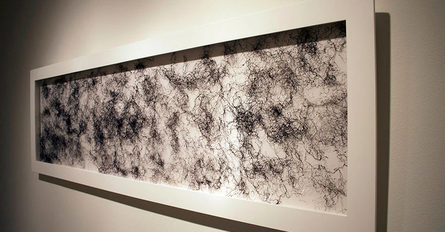 <i>Surface of Years</i>, fabric, thread, hair, h. 24" x w. 72" x d. 2", 2004