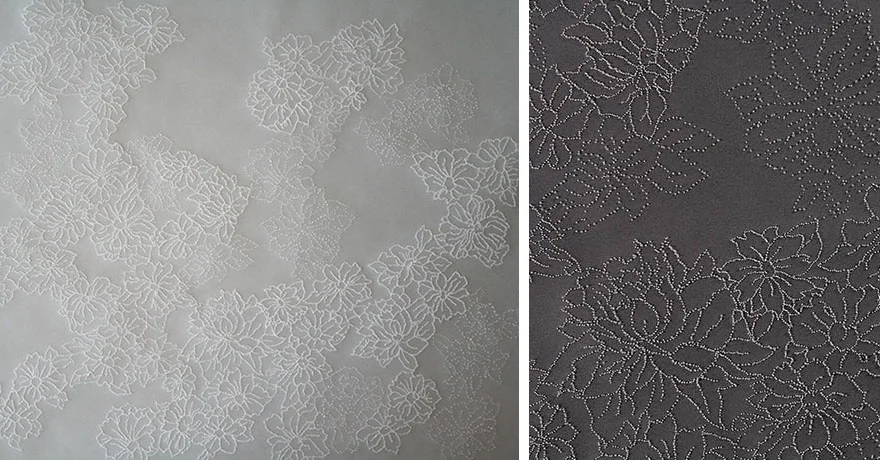 L: detail of <i>a lunar garden, January II</i>, vellum, paper, h. 17" x w. 24", 2006 R: <i>a lunar garden, January I</i>, vellum, illustration board, h. 17" x w. 24", 2006.