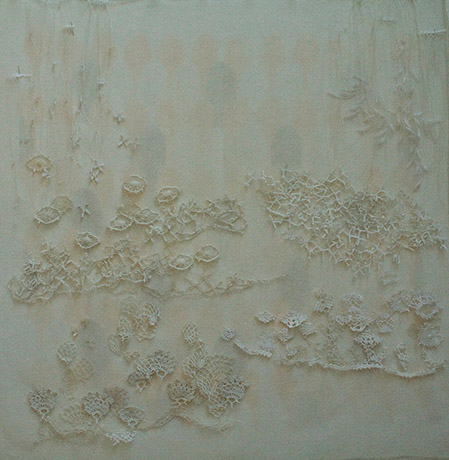 <i>to the garden path</i>, doily parts, thread, fabric, h. 29" x w. 27", 2010