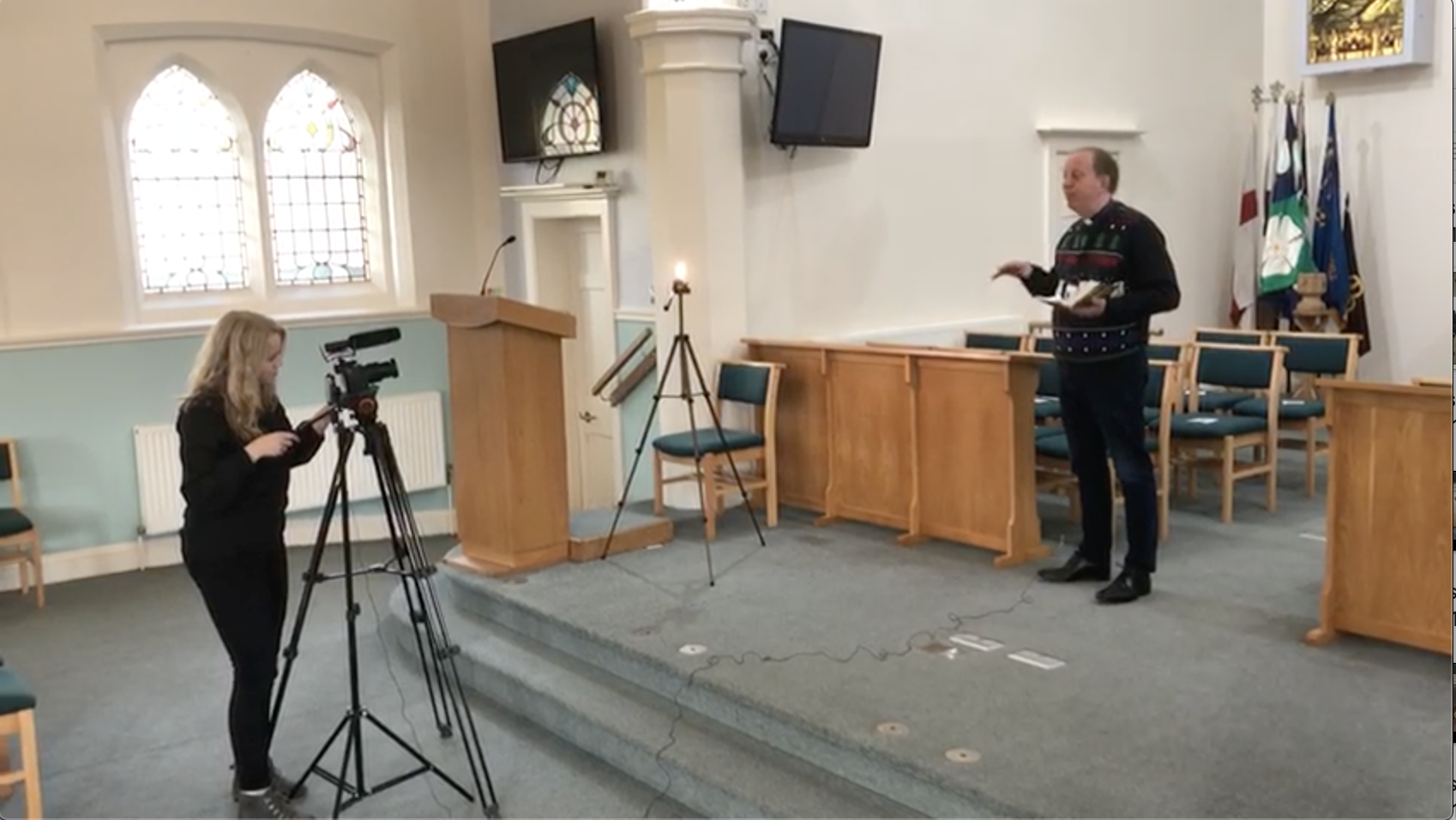 Filming Rob Cotton at Sandal Methodist church