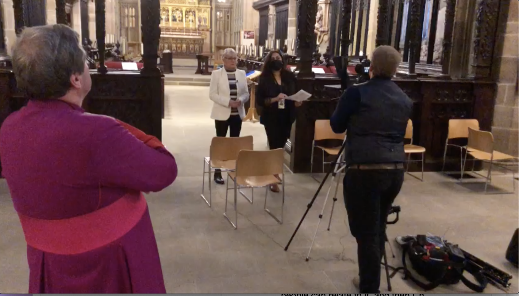 Filming Viv Hodges and Bishop Tony at the Wakefield Cathedral, who presented the program
