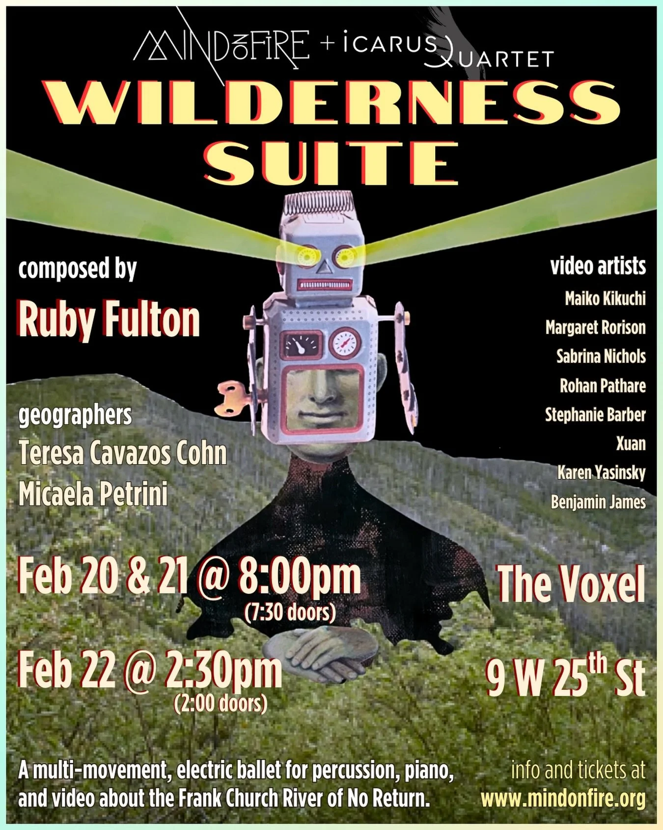 WILDERNESS SUITE comes to the Voxel on Feb. 20 - 22!

It&rsquo;s a brand new premiere from composer Ruby Fulton, performed and produced by icarus Quartet, featuring eight video artists!

In 1980, all human development across 2,361,767 acres of land i