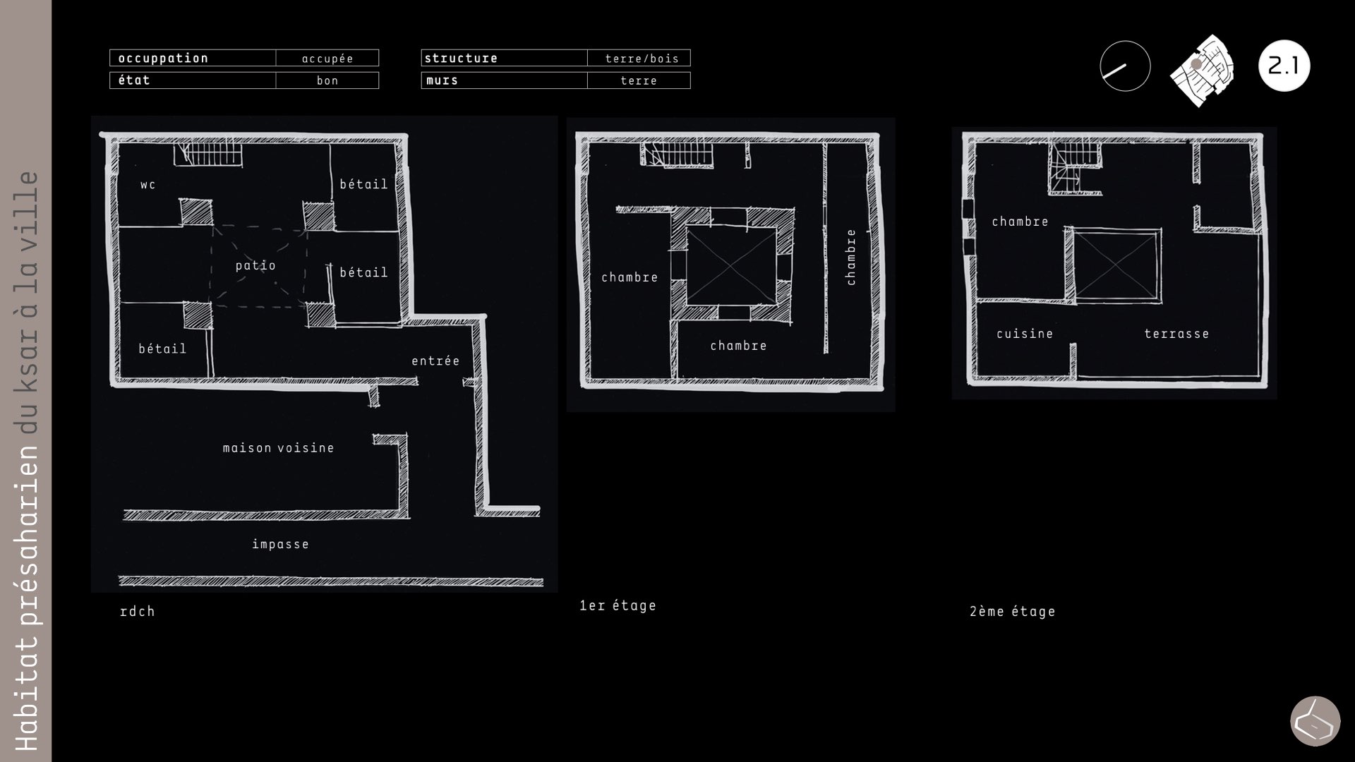 14. Au fur et à mesure que l’on s’éloigne du “centre”, les maisons ne varient pas beaucoup, par contre les ruelles gagnent de l’ampleur jusqu’à ce qu’elles deviennent presque comme les ruelles des médinas. 14. If we move away from the "center", the houses do not change very much but the alleys become bigger, almost like the streets of the medinas.