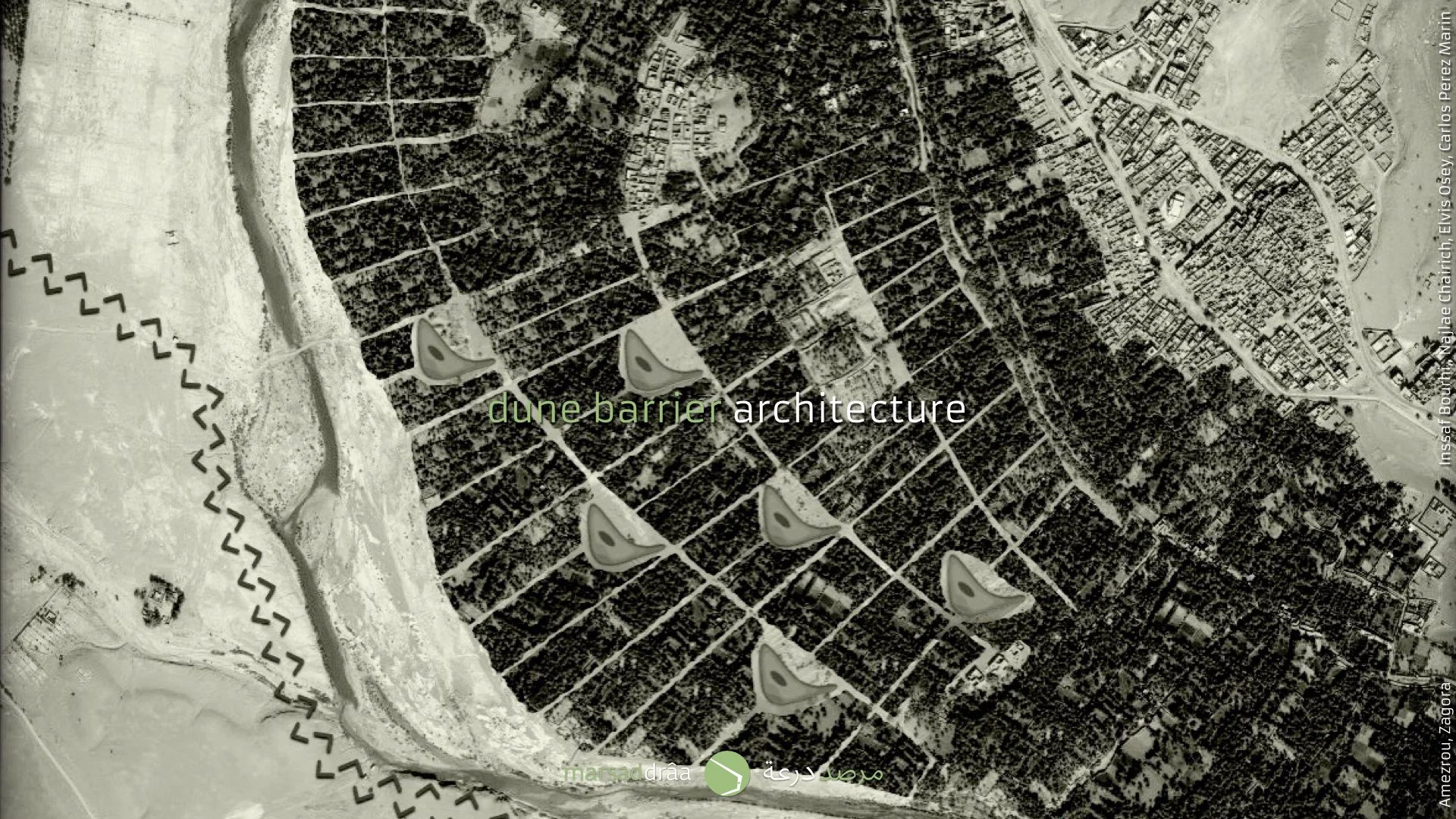 Besides, the new barriers will let recover the palm grove, for that purpose, the oasien agriculture has been considered as another element of this "urban (oasien) planing". At the end, the proposition of living inside the palm grove is not new (as we saw at the beginning), but it is something the new architects have forgotten.