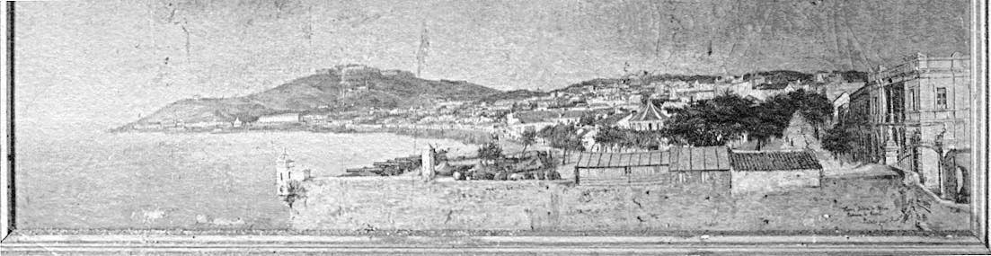 La ciudad con el baluarte de San Sebastián en primer término y el puente y rastrillo de la Almina en 1887, según un cuadro al óleo de Ricardo Escribano.