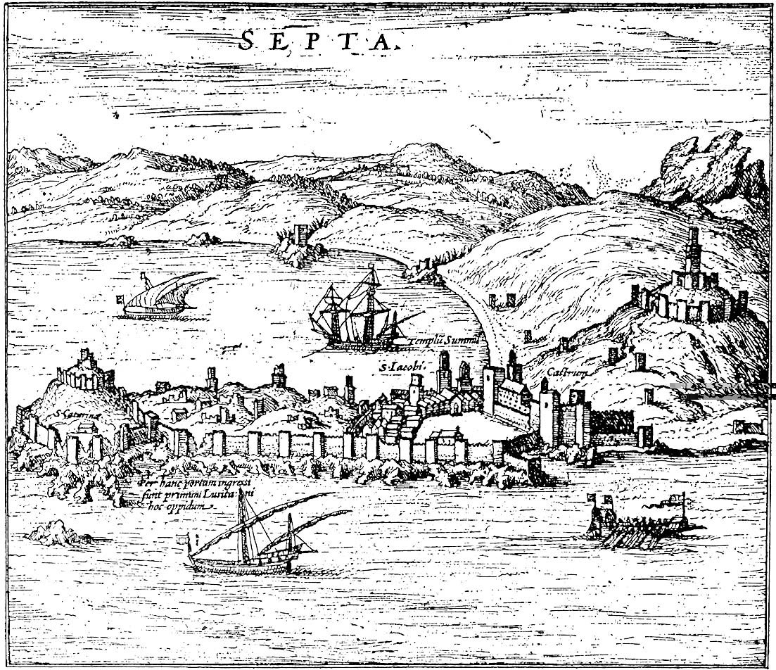 Ceuta en el Civitatis Orbis Terrarum, en cuyo alzado pueden verse las murallas medievales reforzadas por torres de planta cuadrangular.