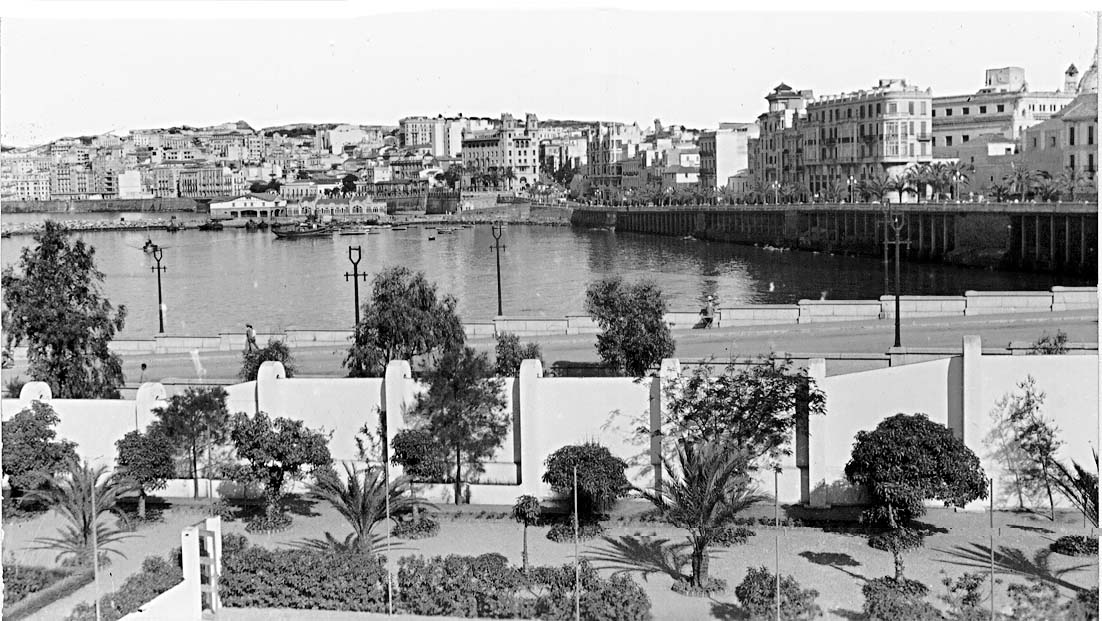 Vista de la ciudad con el paseo de las Palmeras en primer plano, dejando ver la muralla y los voladizos, con el mar a su pie. Foto Rubio.