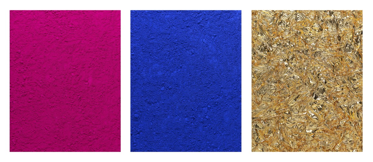 Vik Muniz, pictures of pigment, monochrome, pink-blue-gold, after yves klein, 2016, c-print digital, 230 x 540 cm
