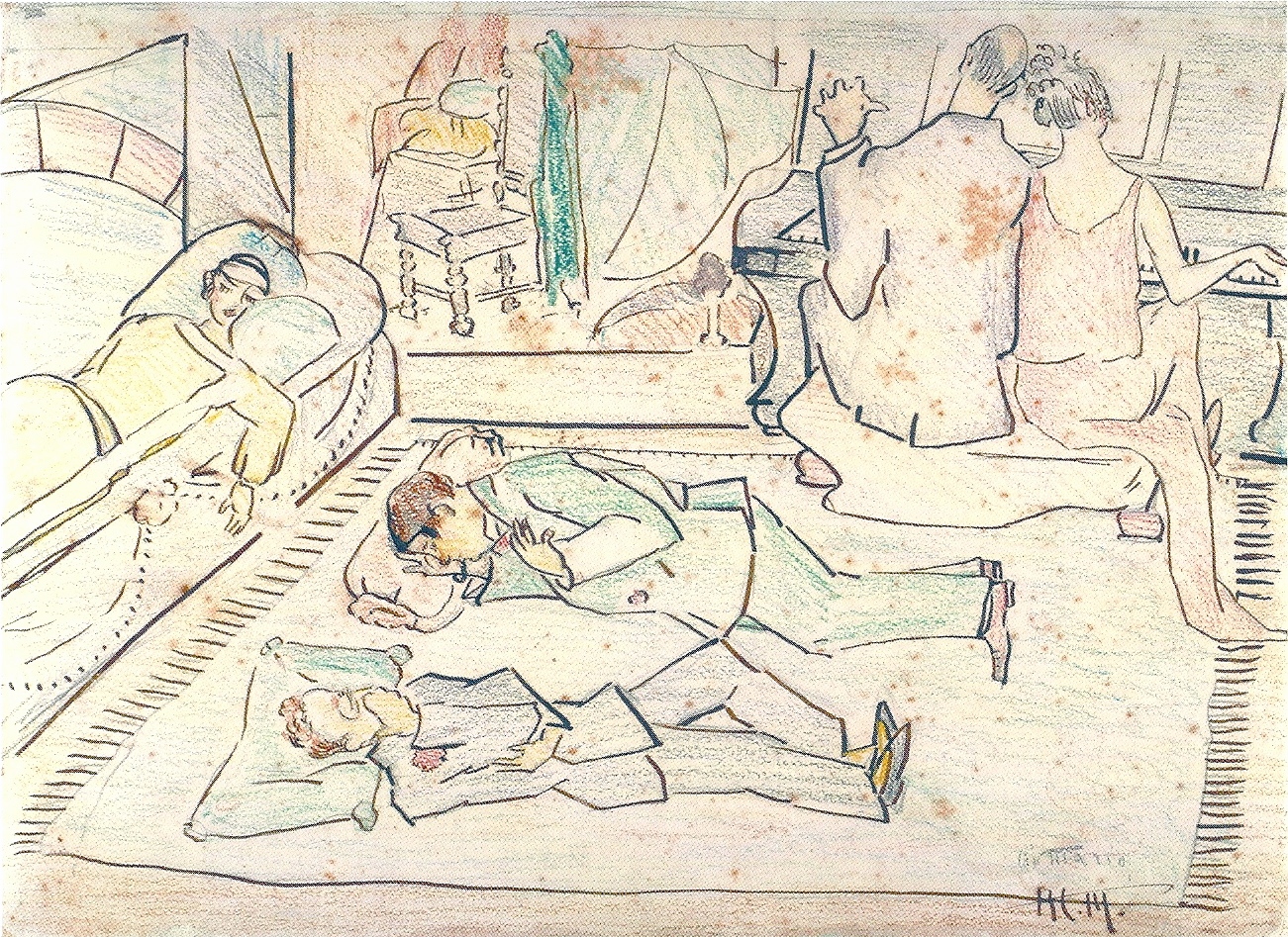 Anita Malfatti, Grupo dos Cinco, desenho. 1922. A artista retrata ela mesma, no sofá; Oswald e Menotti no chão e Tarsila e Mário ao piano. Modernistas, eles agitaram a sociedade conservadora no Brasil