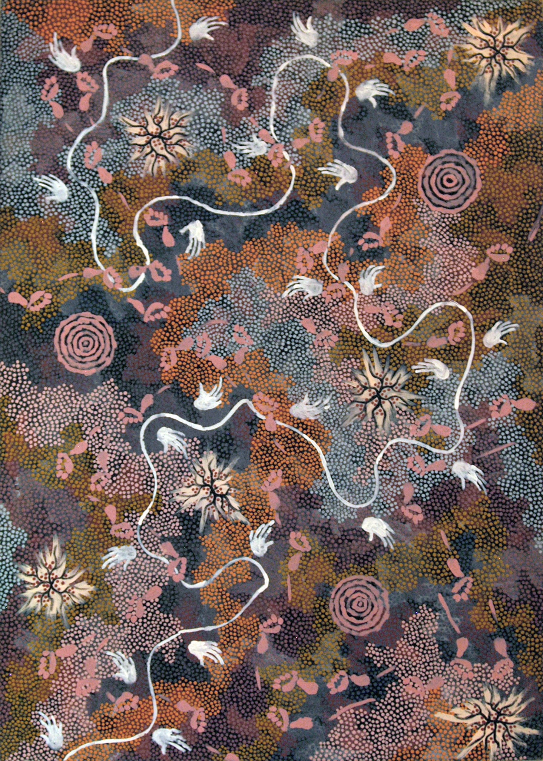 Clifford Possum Tjapaltjarri (1933-2002), "O Sonhar do Cachorro Selvagem na Estação Napperby", mais conhecido como "O sonhar de Possum", 1993, tinta acrílica sobre linho belga