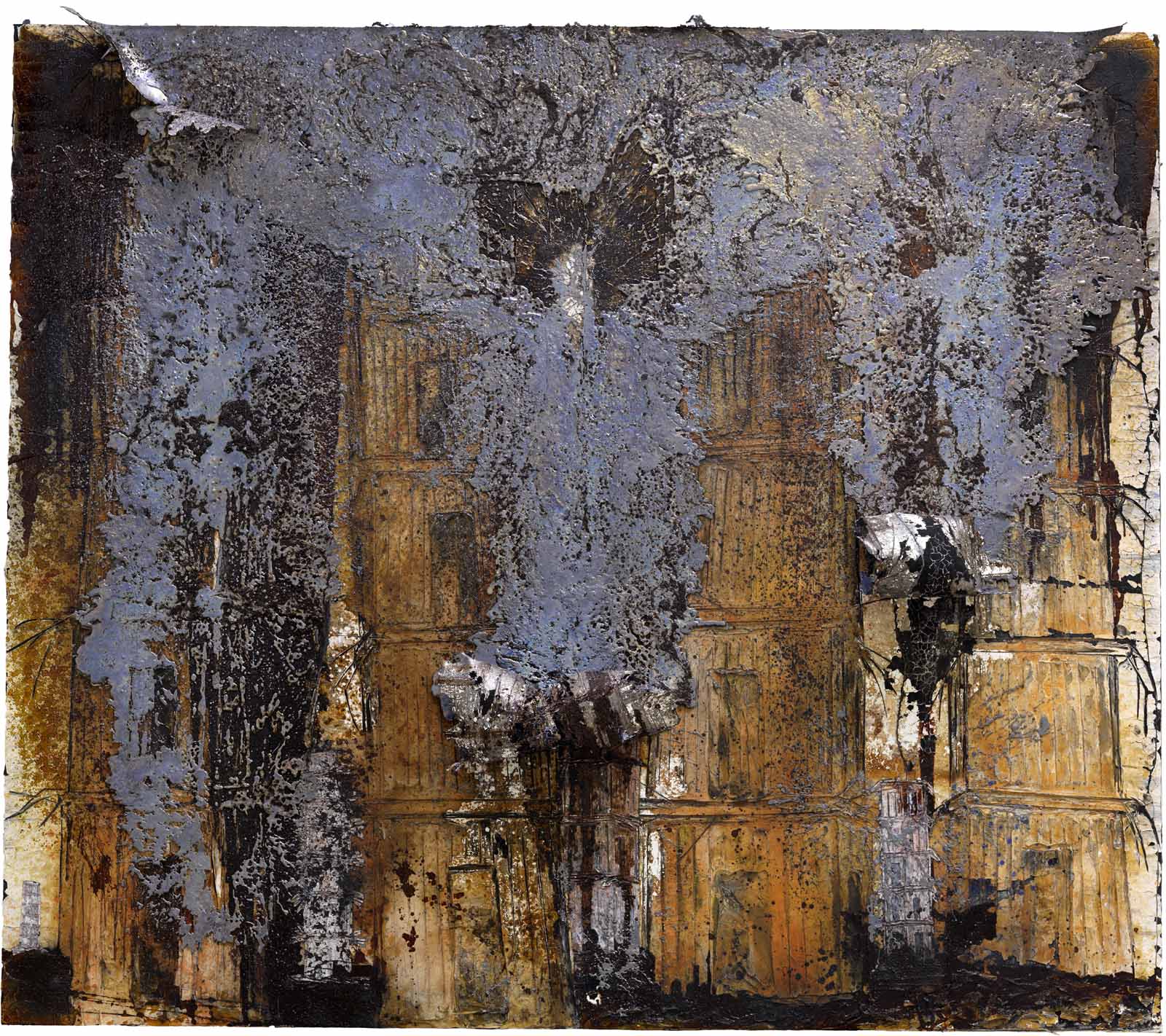 O alemão Anselm Kiefer (1945) mostra obras recentes inspirado em Rodin como "Auguste Rodin: as catedrais da França", 2016, 380 x 380 cm, óleo, acrílico, emulsão, goma-laca s/lona