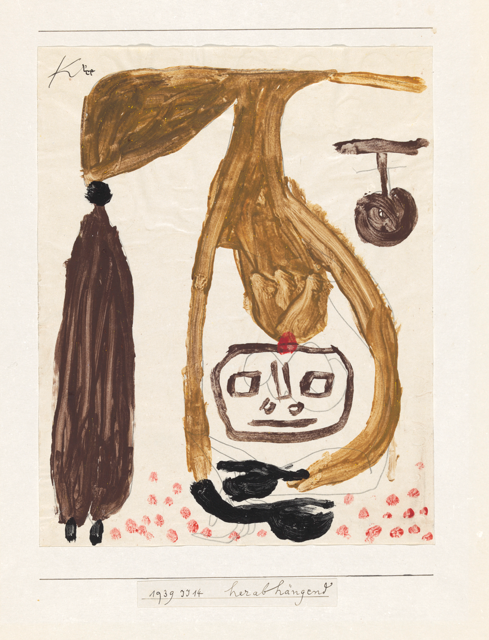 Paul Klee, herabhängend, 1939, 674 - Hanging Down/Pendurado para baixo - coloured paste and pencil on paper/cola colorida e lápis sobre papel, 27 x 21,4 cm - Zentrum Paul Klee, Berna, doação de Livia Klee