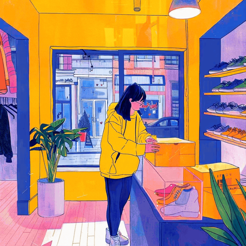 GIF of girl opening box in shoe store