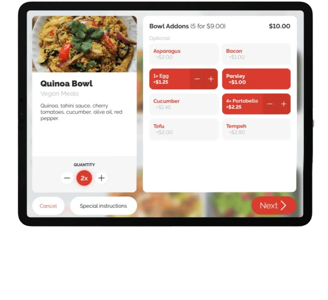 Order screen for vegan Quinoa Bowl with toppings options such as asparagus, bacon, egg, parsley, cucumber, portobello, tofu, and tempeh, with quantity and price details.