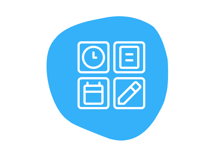 Blue abstract shape with four white icons: clock, calendar, notepad, and pencil.