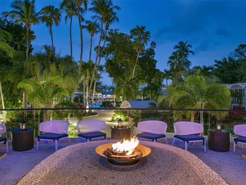 Outdoor lounge area with a fire pit surrounded by chairs, lush tropical trees, and a view of a marina with boats during evening or early night.