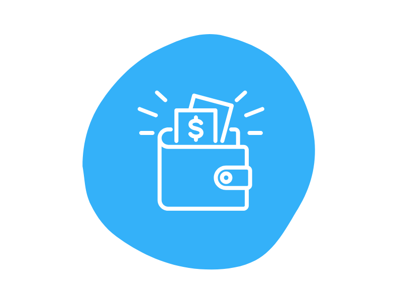 Icon of a wallet with dollar bills and coins inside, set against a blue circular background.