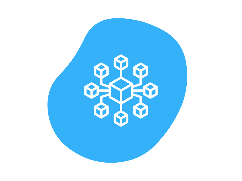 Blue abstract shape with a white blockchain network icon in the center.