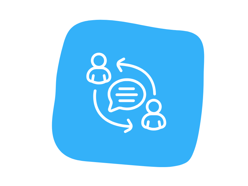 Icon of two people connected by arrows with a speech bubble in the center, representing communication or conversation.