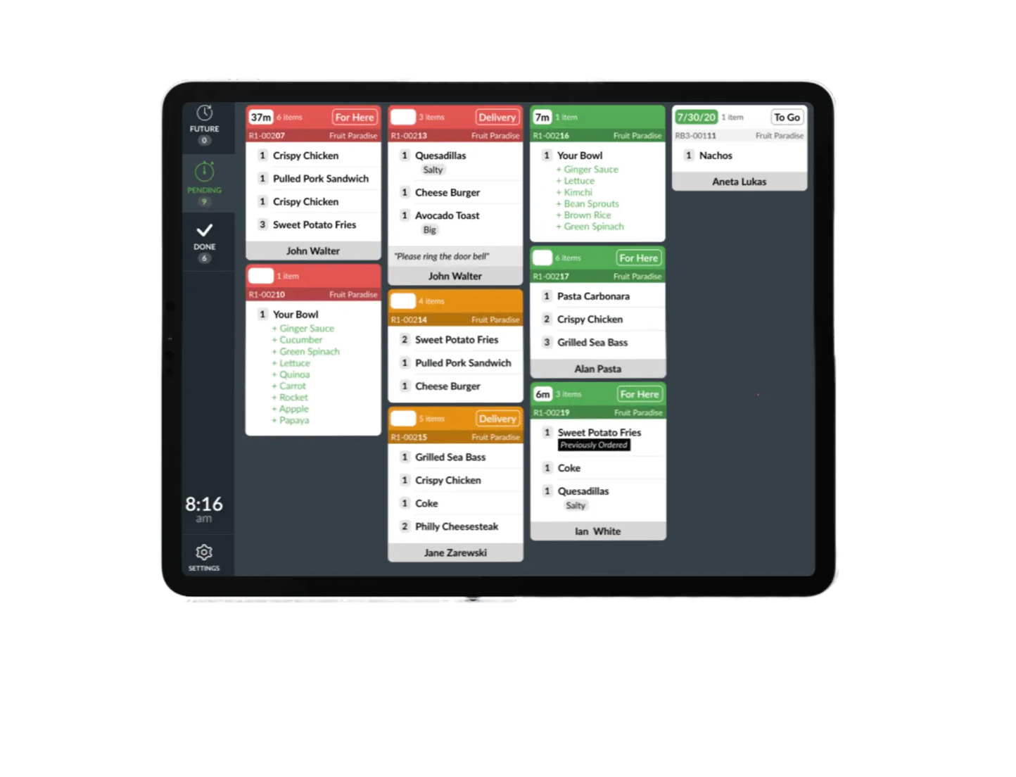 A digital meal ordering interface displayed on a tablet screen, featuring various food items and order statuses.
