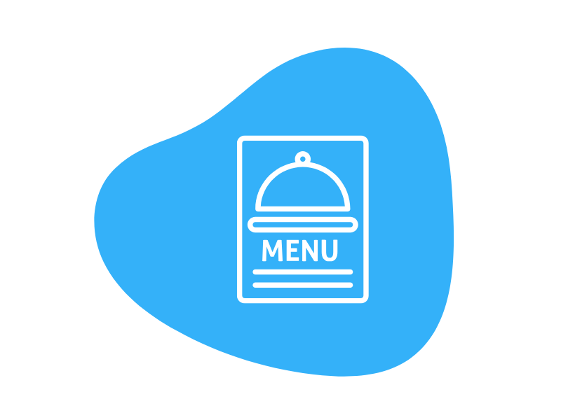 Blue abstract shape with a white outline of a menu with a cloche icon and the word 'MENU' displayed.