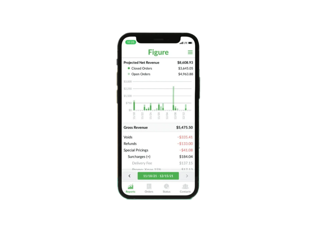 Smartphone screen displaying a financial app with revenue statistics, including gross revenue, voids, refunds, and surcharges, and a graph of daily earnings.