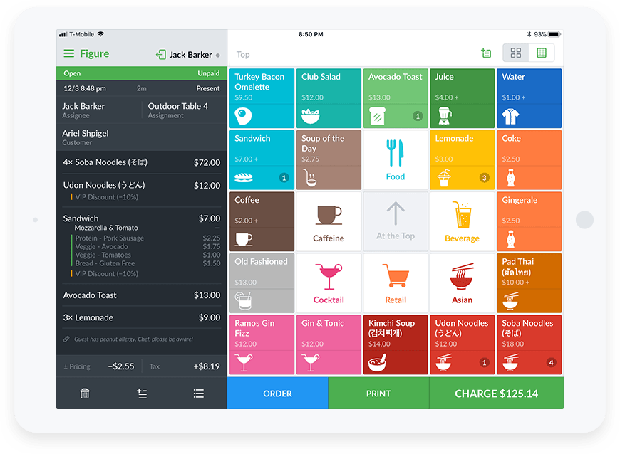 Point of sale tablet screen showing food and beverage menu with prices, including sandwiches, salads, drinks, and desserts, along with an order summary and checkout options.
