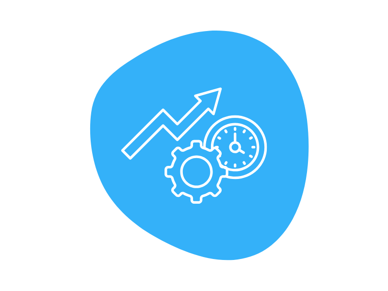 Blue circle with white line icons of an increasing graph, a gear, and a clock, representing growth, optimization, and time management.