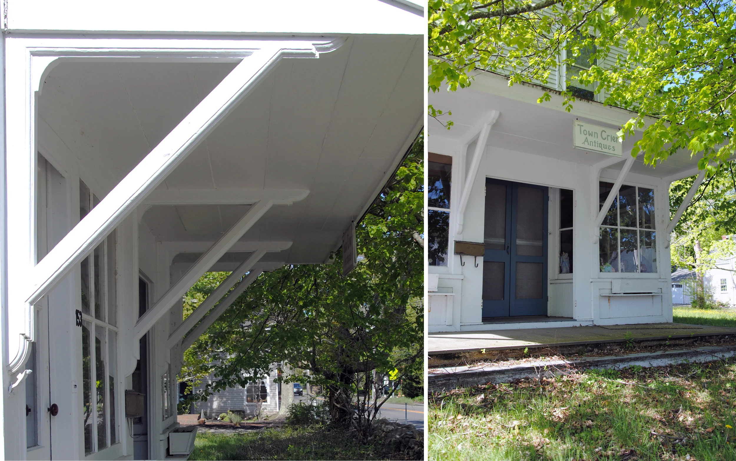 Simple, angled porch brackets and large picture windows at the Town Crier Antiques