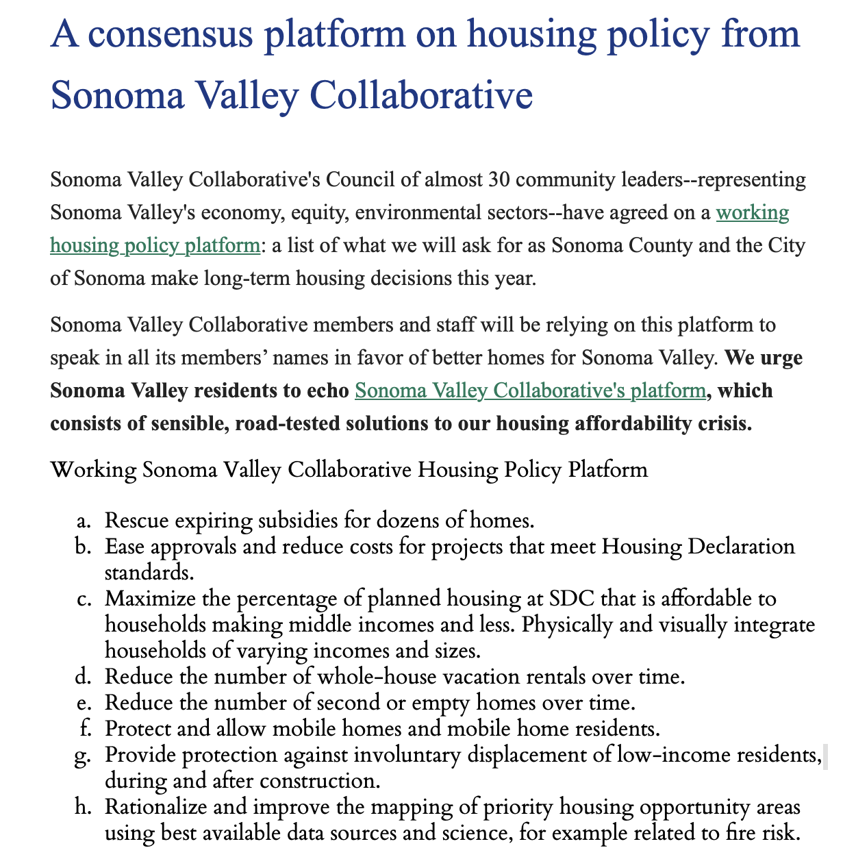 A consensus platform on housing policy from Sonoma Valley Collaborative