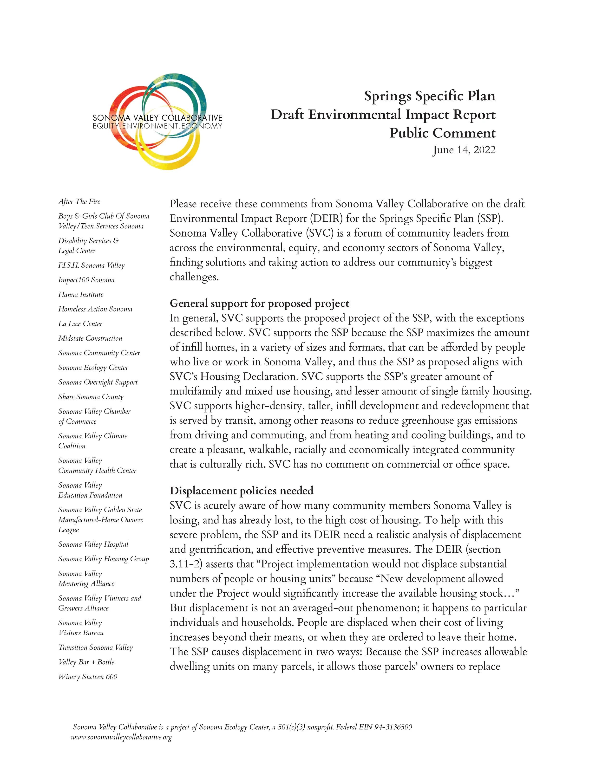 Our Springs Specific Plan Letter