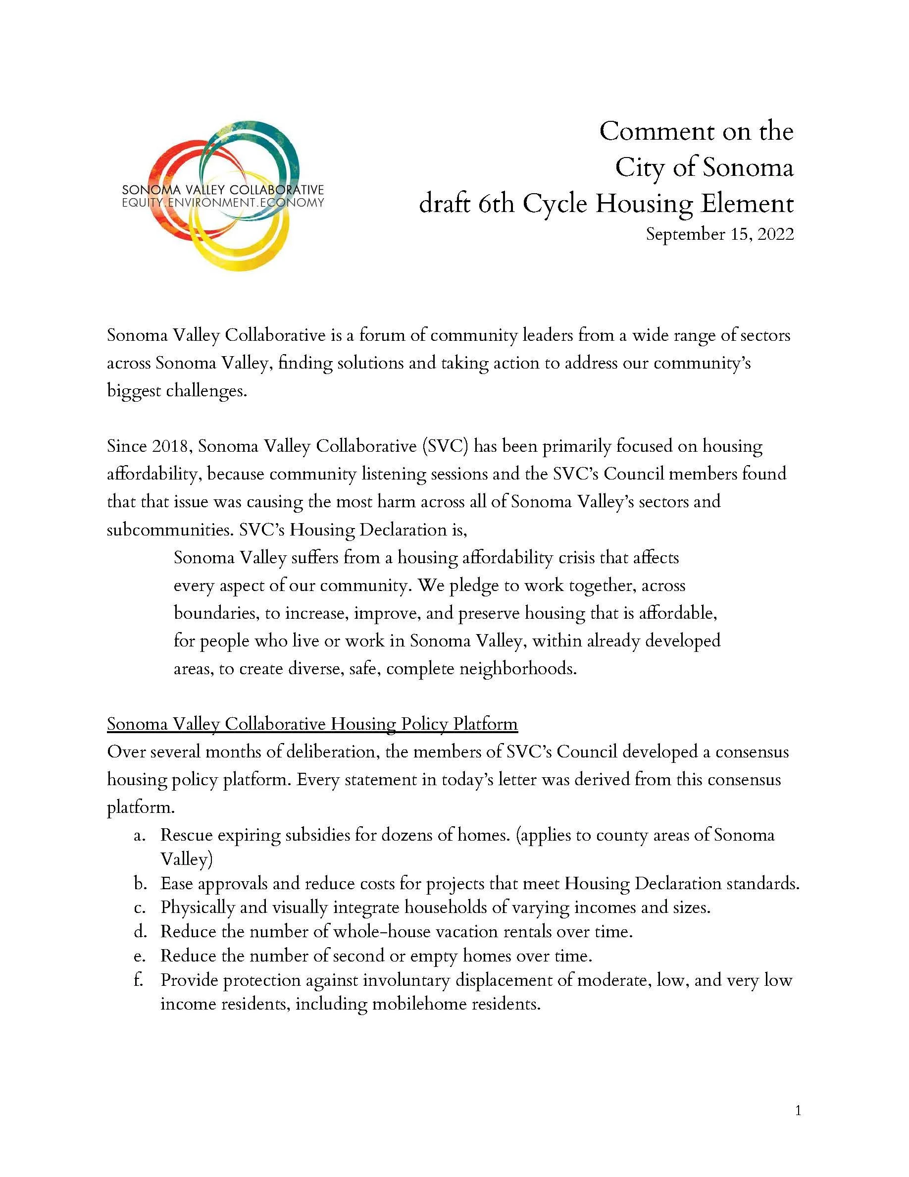 Public Comment on the City of Sonoma’s Draft Housing Element