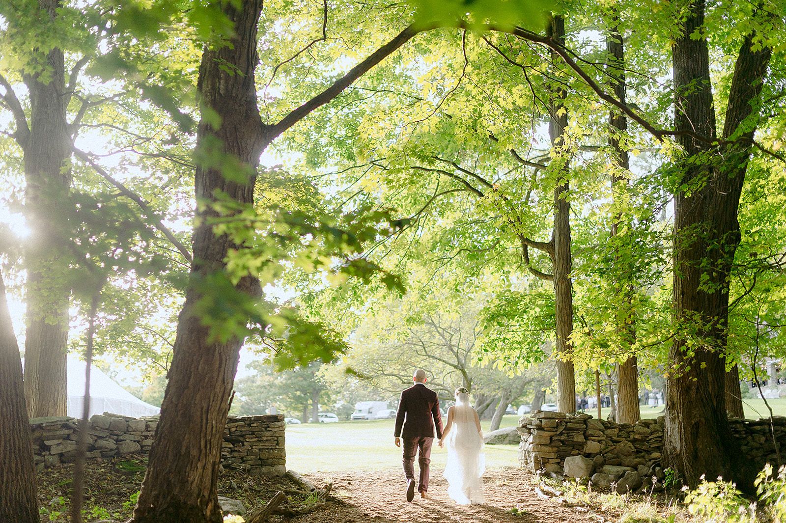 Sun filtering through the trees as bride and groom walk away at the Carey Institute for Global Good