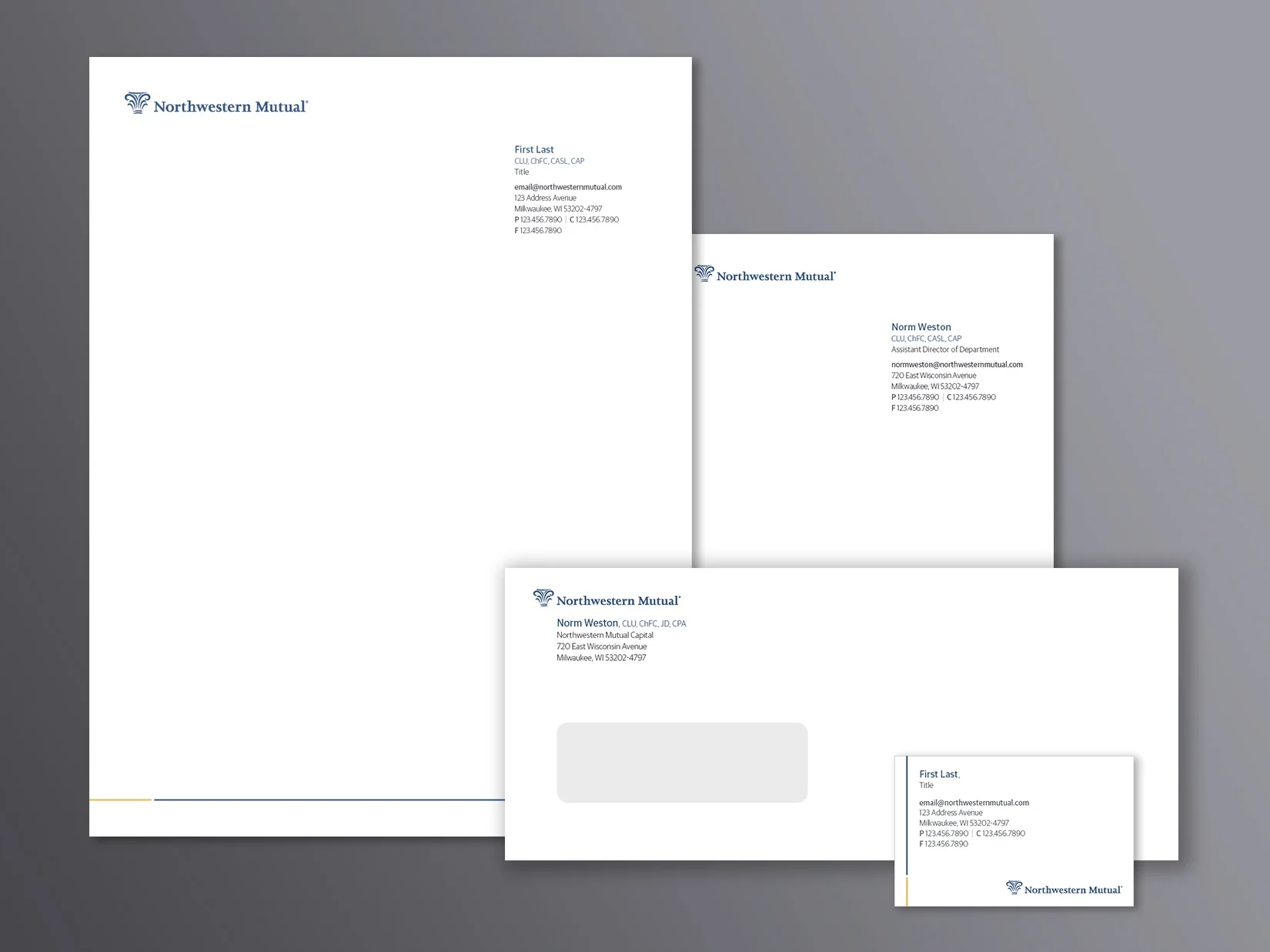 Northwestern Mutual Stationery: Letterhead, business card, memo pad and letter