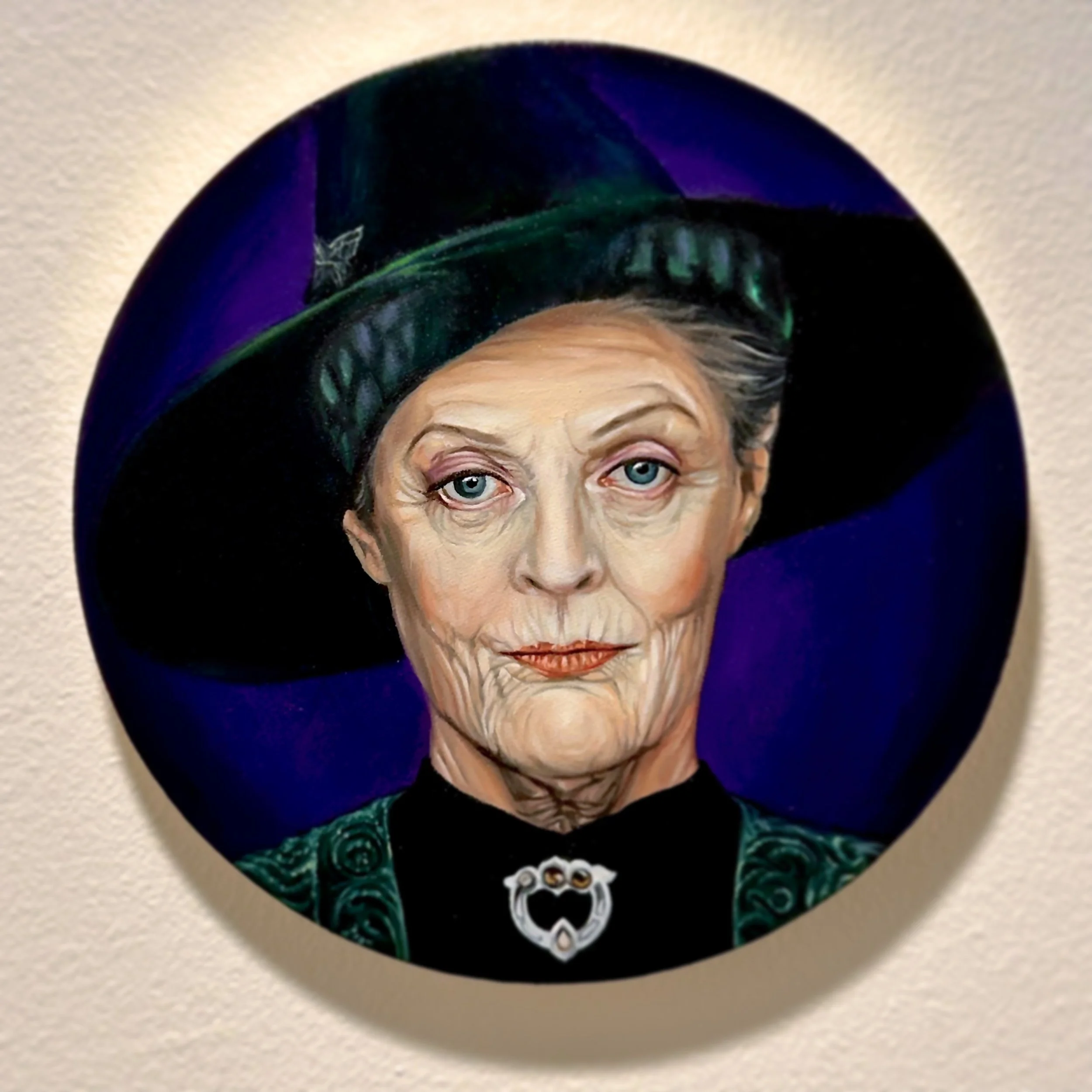 A portrait oil painting of Dame Maggie Smith as Professor McGonagall from the Harry Potter movies.