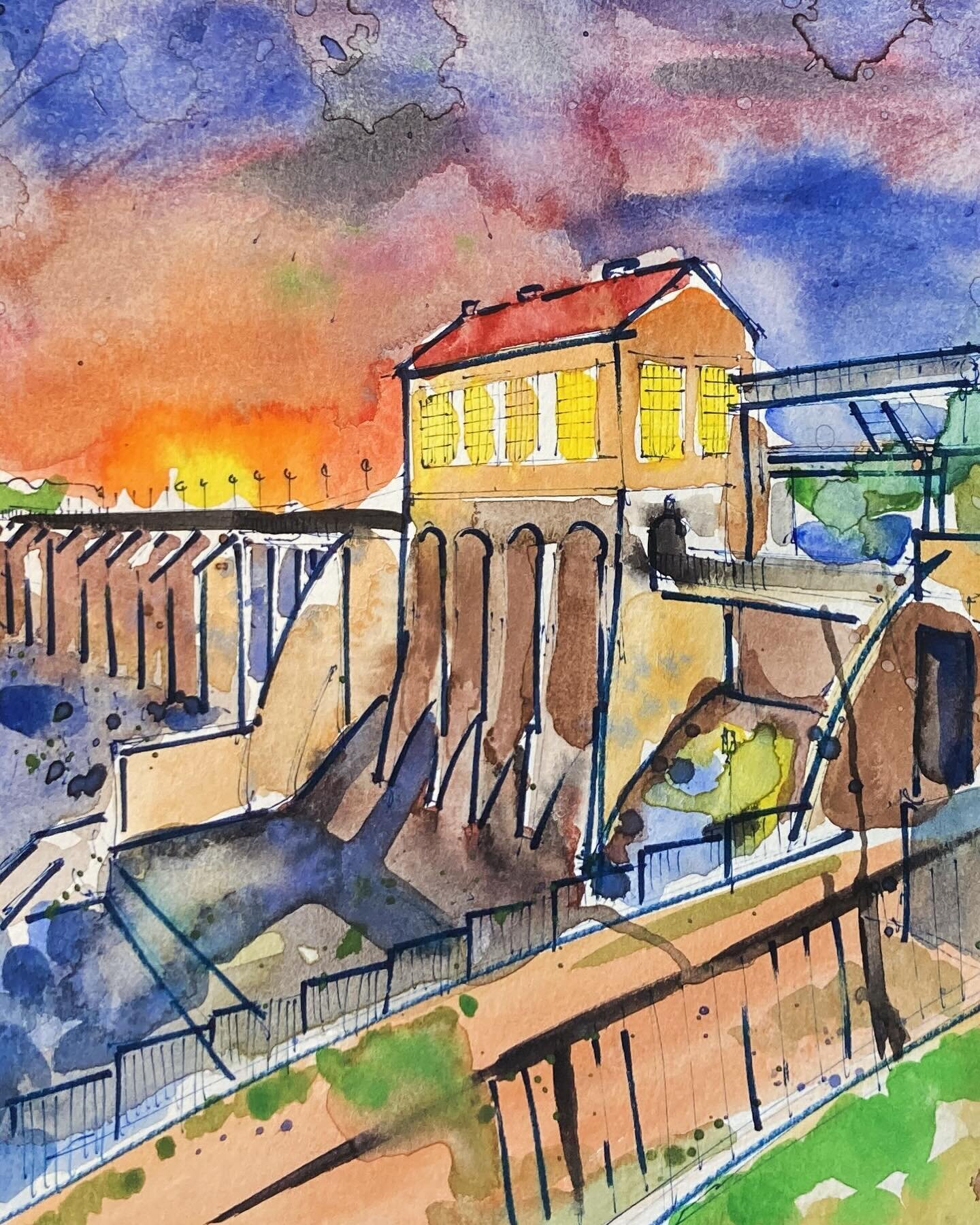 Overholster Dam Pump House at sunset in #oklahomacity 
#okc #watercolor #urbansketching #pleinair #pleinairwatercolor #oklahomacityoklahoma