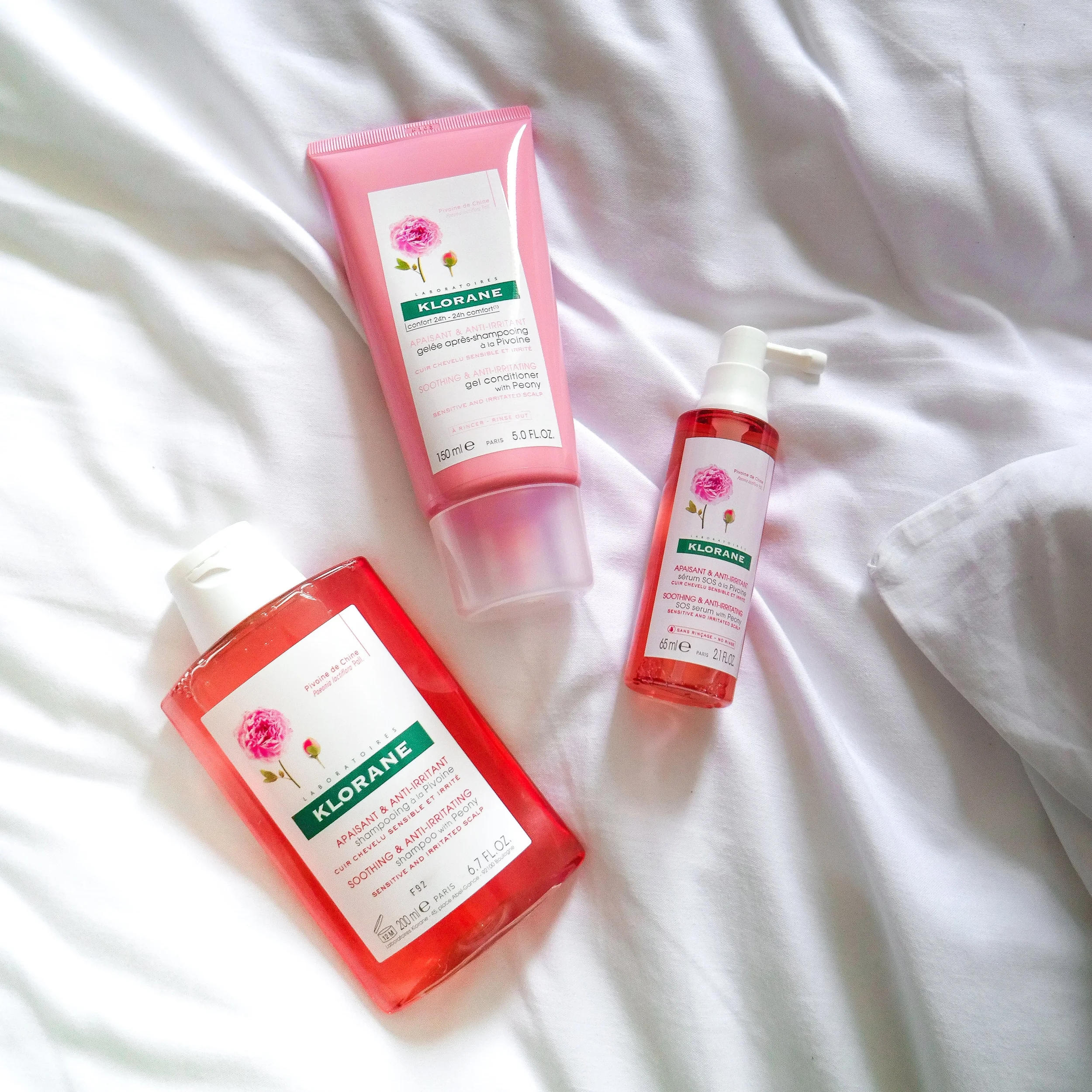 Klorane Shampoo with Peony, Gel Conditioner with Peony, SOS Serum with Peony.