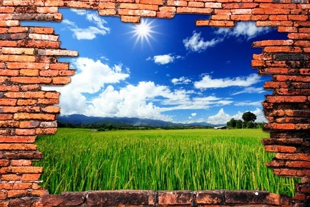 9742982 - brick wall with hole revealing green rice farm and clouds