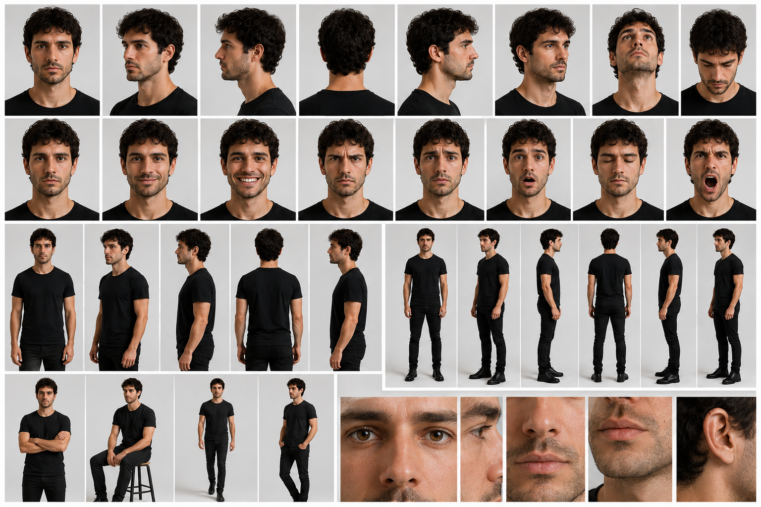 Ejemplos de fotografías de un actor con diferentes ángulos, expresiones, planos y poses para entrenar un modelo LoRA.