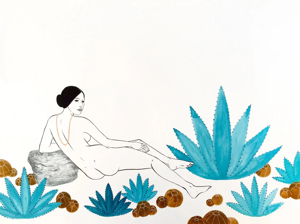 "Lounger I," Courtesy of Alisha Sofia – I love the elegant female silhouette juxtaposed with rocks and succulents in this simple, yet powerful, piece.