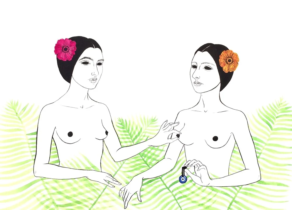 "Sister's Blessing," Courtesy of Alisha Sofia – Alisha says superstitions from cultures around the world are a huge inspiration and starting point for her work. This piece features the Middle Eastern “nazar,” a talisman believed to ward off the malevolent “evil eye,” a curse intending harm or misfortune upon another individual.