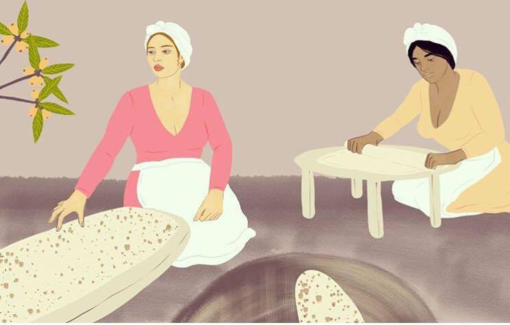 "Nor Ashkhar (Նոր Աշխարհ)," Courtesy of Alisha Sofia – One of my favorite pieces I’ve ever seen, depicting two Armenian women baking lavash bread in a traditional tonir oven . The title refers to the little yellow loquat fruits on the tree in the upper left hand corner — a fruit whose name in Armenian translates to “new world.” I am so appreciative of Alisha and her ability to feature and empower traditional Armenian women through refreshing, new mediums!