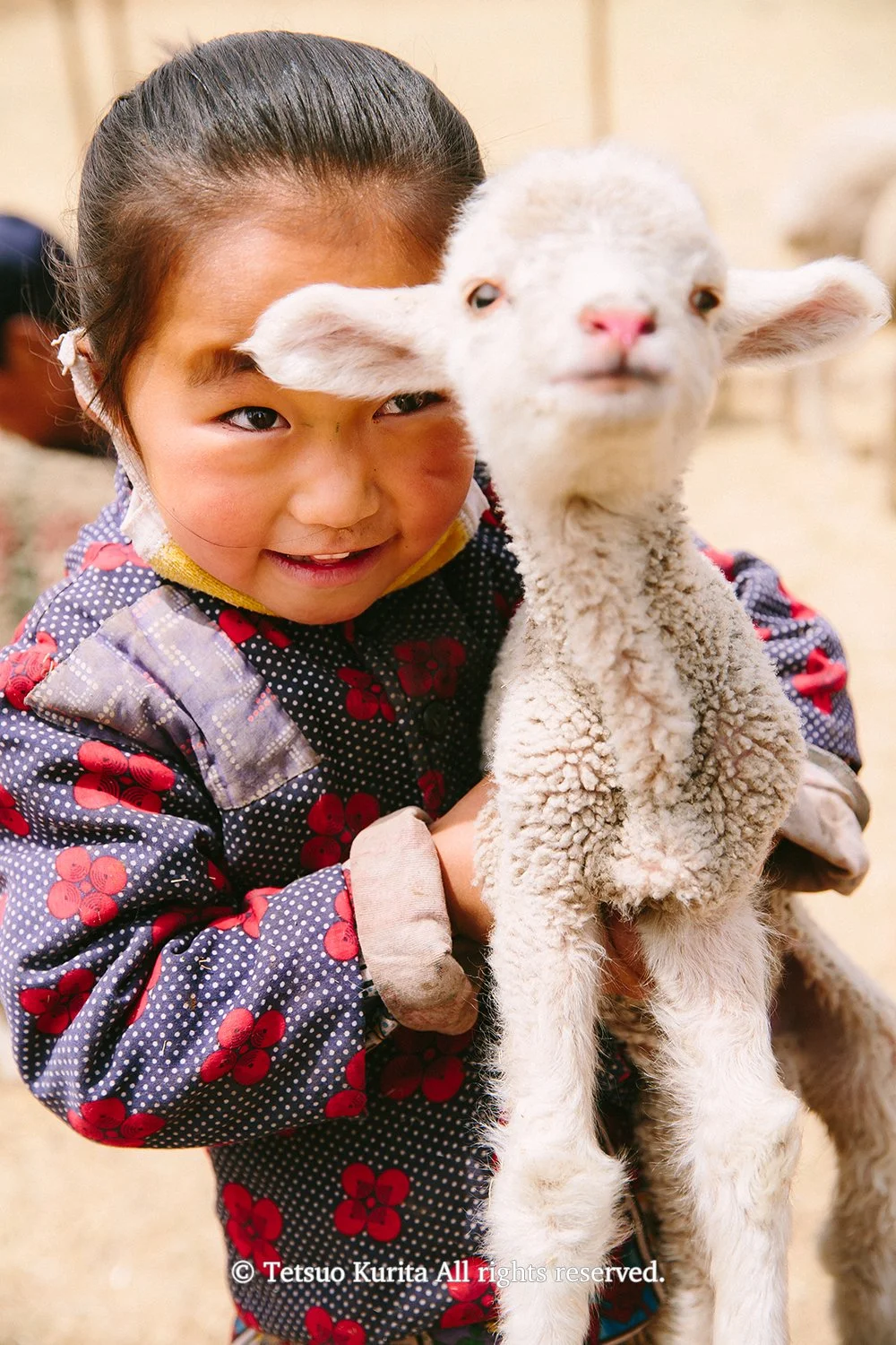 A little Yugur girl with a little sheep