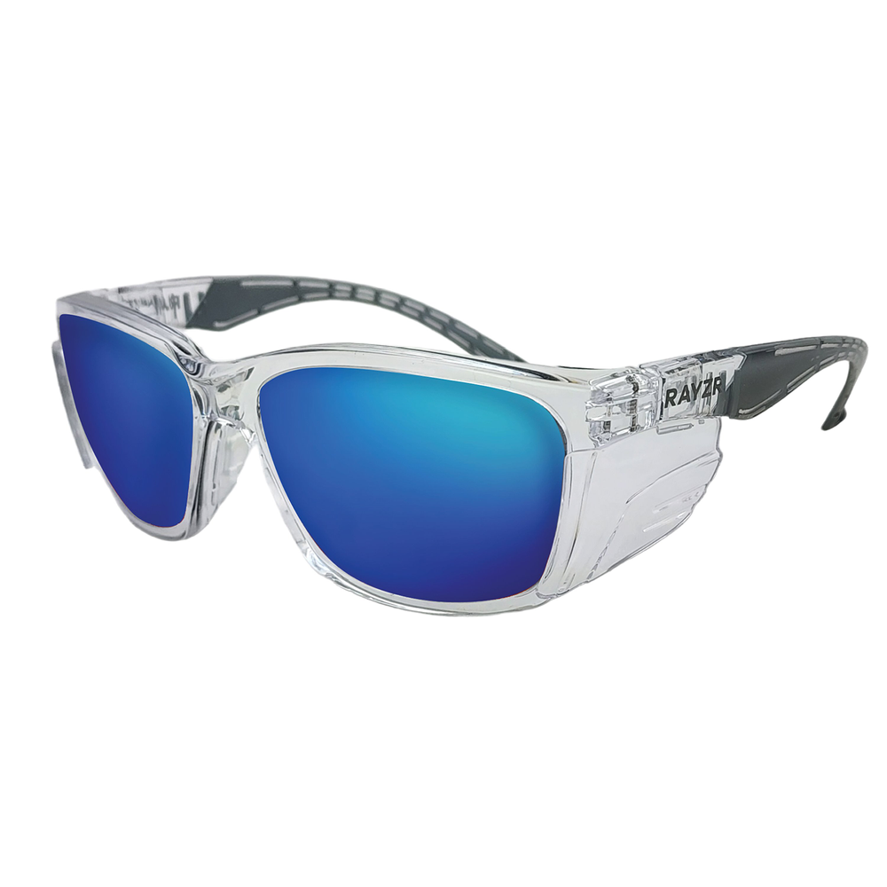 Medium_Impact_Polarised_Safety_Sun_Glasses_UVA400_with_Integrated_Side_Shields_Blue_Tinted_Lense_with_Clear_Frame_SunSafe_Australia