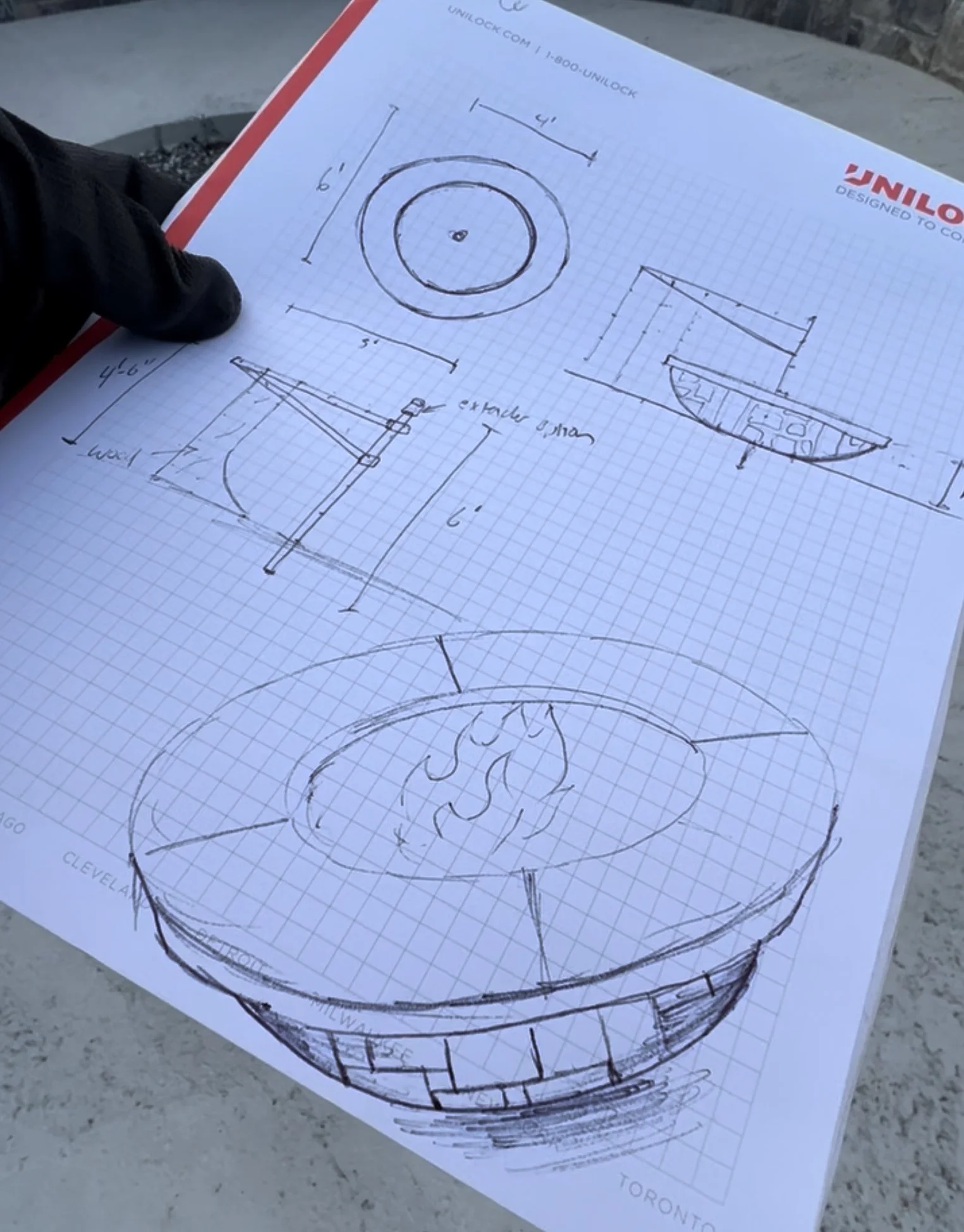 Sketches and technical drawings of a fire pit, including top view, side view, sectional view, and a detailed 3D perspective, with measurements and design notes.