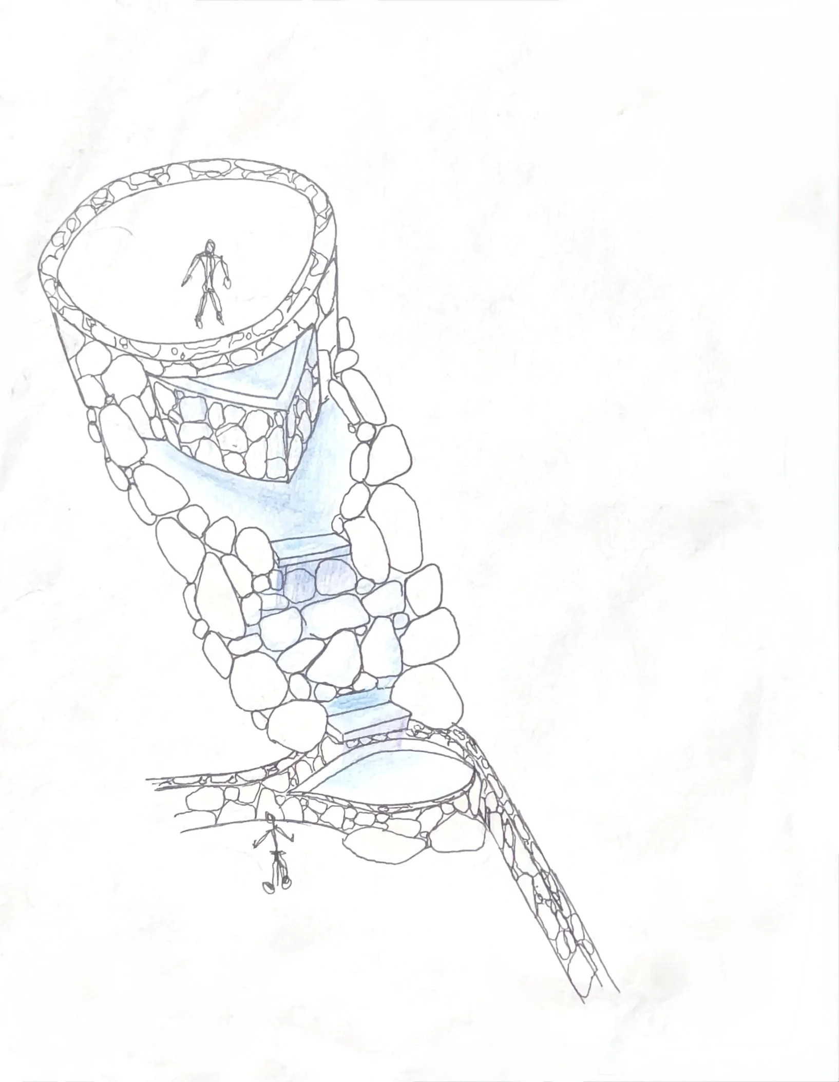 A hand-drawn sketch of a multi-level stone structure with a person standing inside the top circular chamber, connected by stairs and water features.