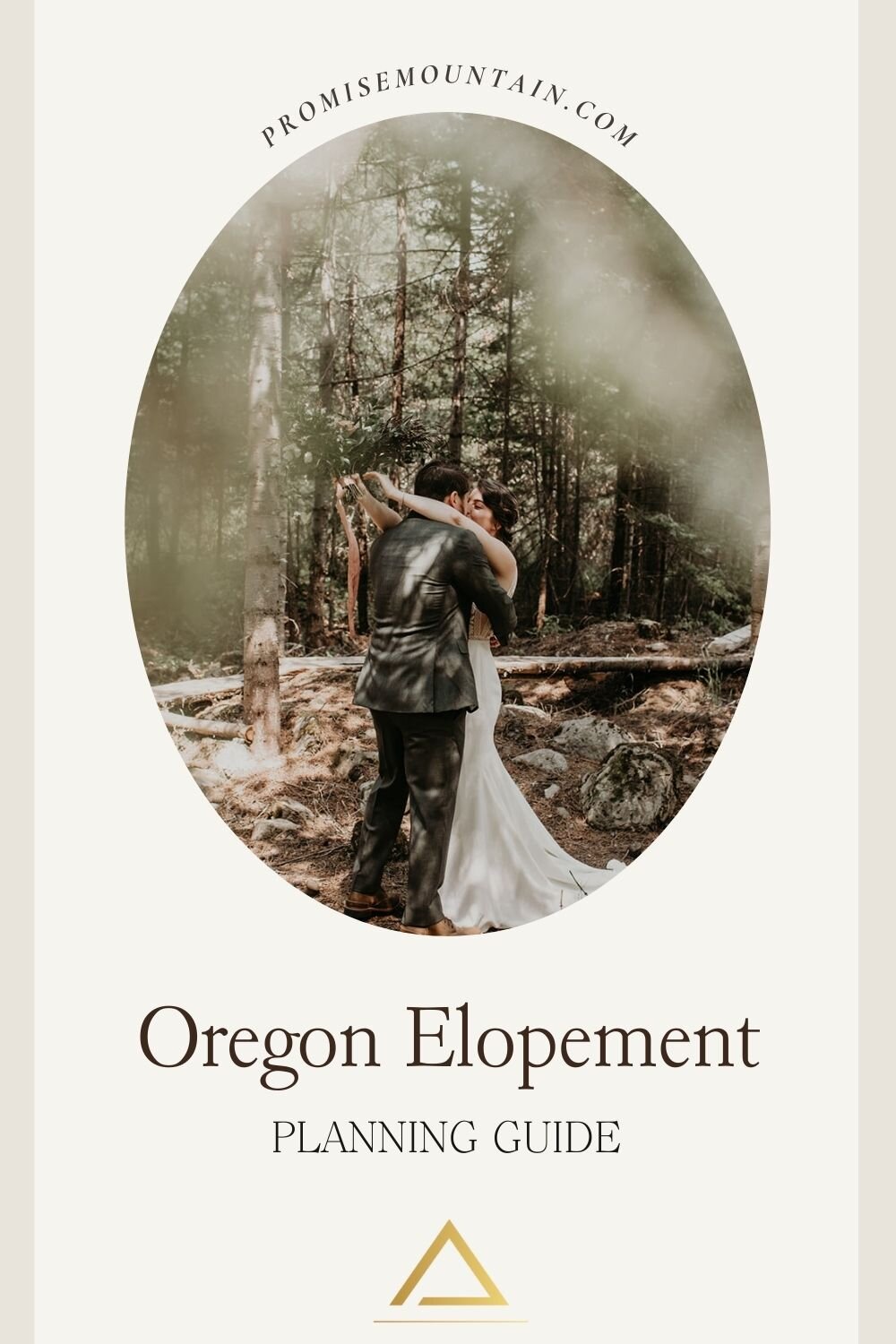 Couple sharing a hug in the middle of an Oregon forest; image overlaid with text that reads Oregon Elopement Planning Guide